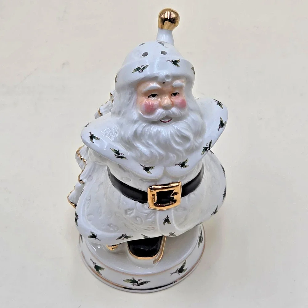 Holly Holiday Santa Ceramic Salt & Pepper Shakers Gold Trim Home Vintage 1999